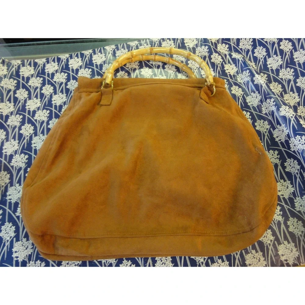 saks fifth avenue brown suede wood handle flower‎ button accent purse handbag